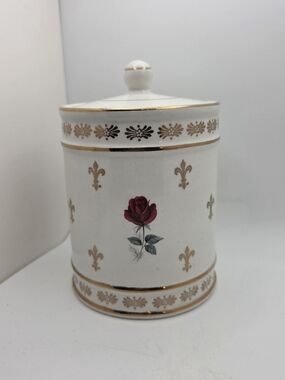 Elegant ENGLAND White Porcelain Jar with Red Rose and Gold Accents